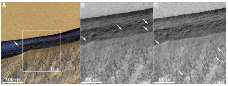 Blocks falling from an ice-rich scarp, suggestive of erosion. (Image: NASA/MRO/C. M. Dundas et al., 2018)